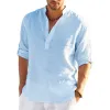 New men's linen long-sleeved T-shirt, loose undershirt, solid color long-sleeved cotton and linen shirt details Picture